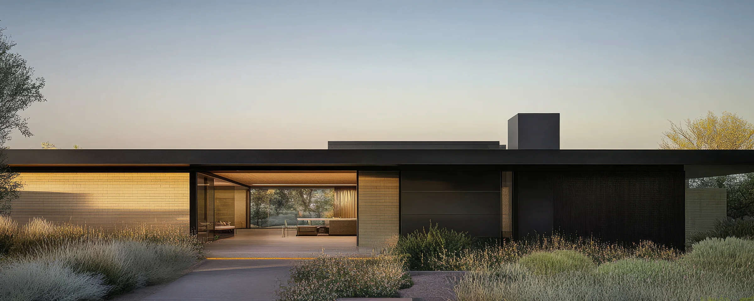 Contemporary pavilion at dusk representing Long Tran's spatial direction