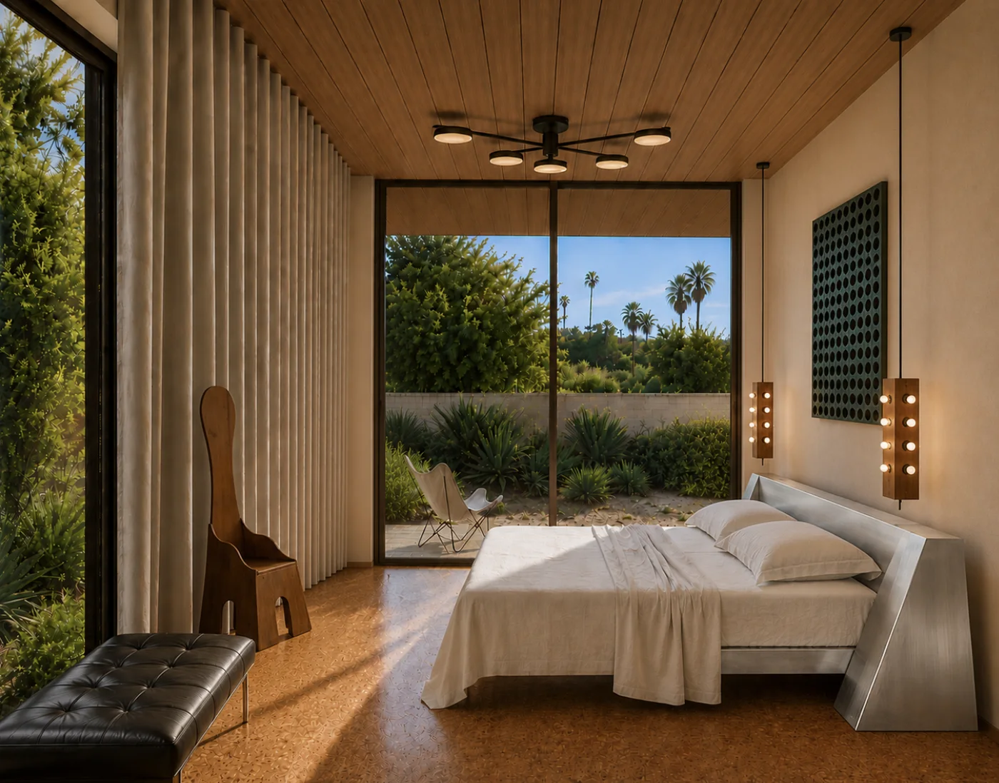 Warm modernist bedroom at the Olive Way commission
