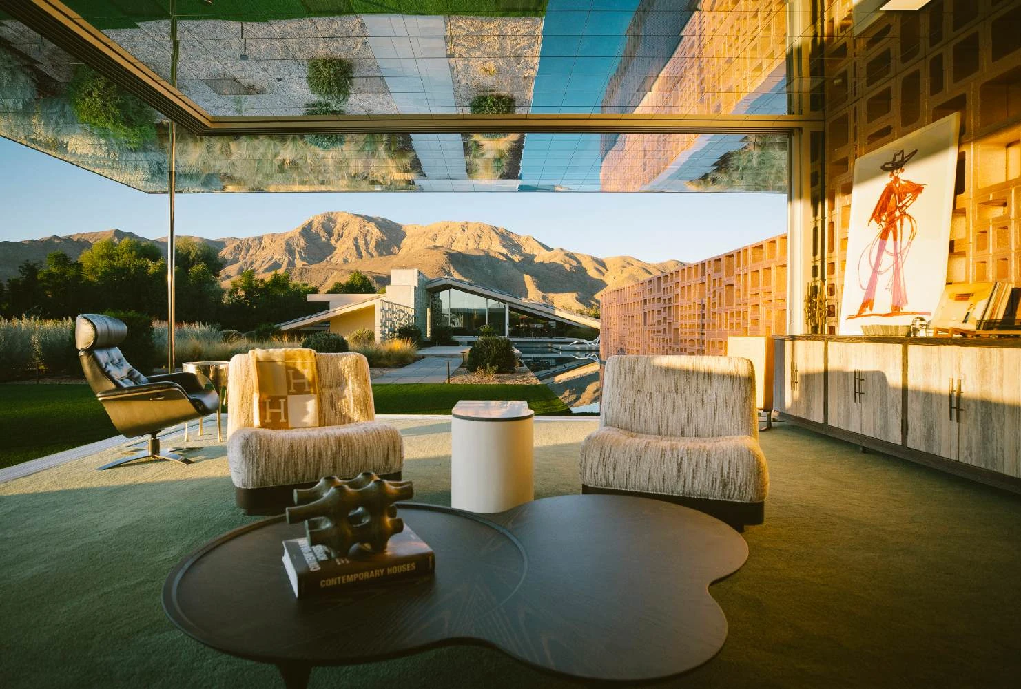 Great Room ceiling panels repeating the San Jacinto range.